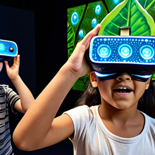 Home 11 Highly detailed, realistic image of children deeply engaged in an immersive sensory learning experience. A diverse group of excited children, with bright, sparkling eyes, are wearing sleek, futuristic VR/AR headsets. They interact with glowing holographic projections and virtual objects, perhaps exploring ancient Roman ruins or manipulating intricate biological simulations. One child feels the texture of a virtual plant cell through a haptic feedback glove, while another converses with an AI-powered virtual native speaker. The classroom environment is modern, bright, and filled with a sense of wonder and active discovery. Dynamic lighting, high resolution, cutting-edge educational technology, vibrant colors, interactive learning.