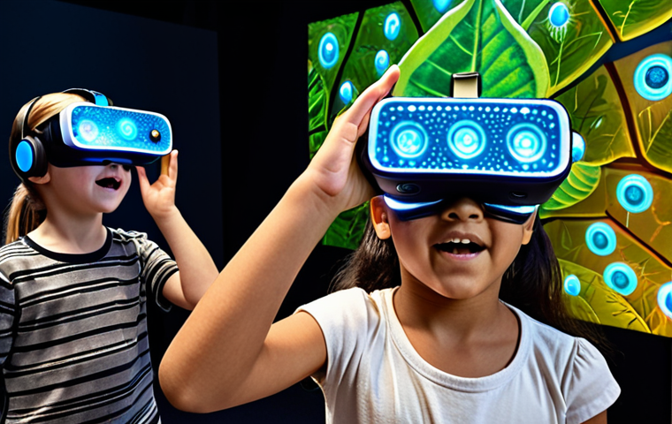 Highly detailed, realistic image of children deeply engaged in an immersive sensory learning experience. A diverse group of excited children, with bright, sparkling eyes, are wearing sleek, futuristic VR/AR headsets. They interact with glowing holographic projections and virtual objects, perhaps exploring ancient Roman ruins or manipulating intricate biological simulations. One child feels the texture of a virtual plant cell through a haptic feedback glove, while another converses with an AI-powered virtual native speaker. The classroom environment is modern, bright, and filled with a sense of wonder and active discovery. Dynamic lighting, high resolution, cutting-edge educational technology, vibrant colors, interactive learning.