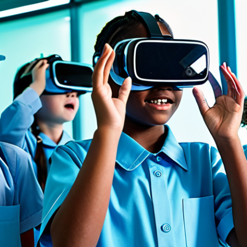 Home 6 A diverse group of elementary school children, fully clothed in modest school uniforms, are immersed in a futuristic virtual science lab. They wear modern VR headsets and interact with glowing holographic projections of chemical reactions and molecular structures. One child points excitedly at a virtual experiment. The environment is clean, bright, and equipped with sleek, child-friendly technology, embodying a sense of wonder and engaged learning. Professional photography, high quality, perfect anatomy, correct proportions, natural pose, well-formed hands, proper finger count, natural body proportions, safe for work, appropriate content, family-friendly.