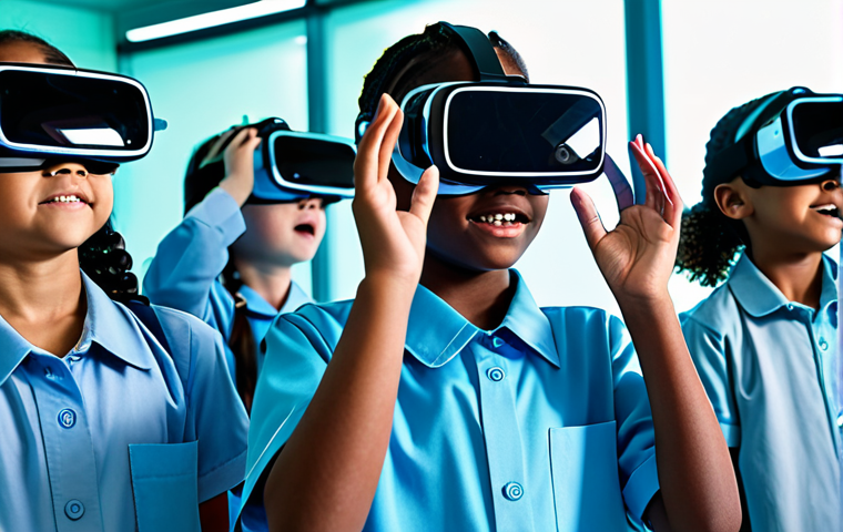 A diverse group of elementary school children, fully clothed in modest school uniforms, are immersed in a futuristic virtual science lab. They wear modern VR headsets and interact with glowing holographic projections of chemical reactions and molecular structures. One child points excitedly at a virtual experiment. The environment is clean, bright, and equipped with sleek, child-friendly technology, embodying a sense of wonder and engaged learning. Professional photography, high quality, perfect anatomy, correct proportions, natural pose, well-formed hands, proper finger count, natural body proportions, safe for work, appropriate content, family-friendly.